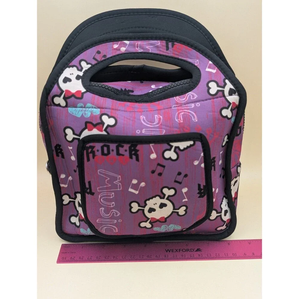 Insulated Neoprene Lunch Bag Tote Punk Rock Music Skull Crossbones Purple Pink